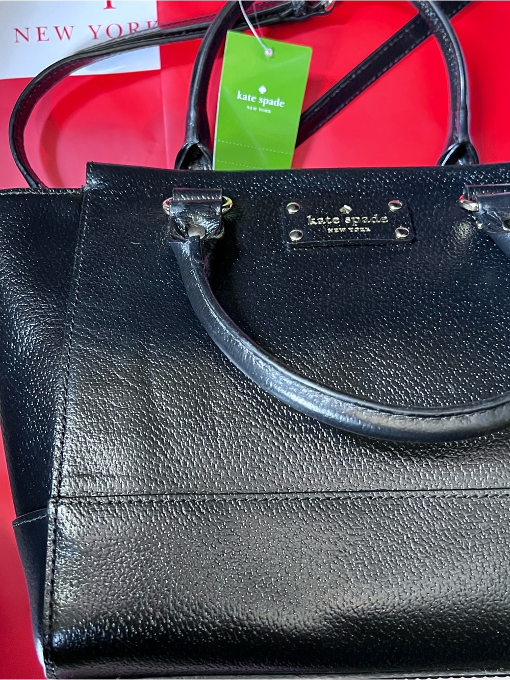 NWT Kate spade black Wellesley leather satchel with gold logo plate